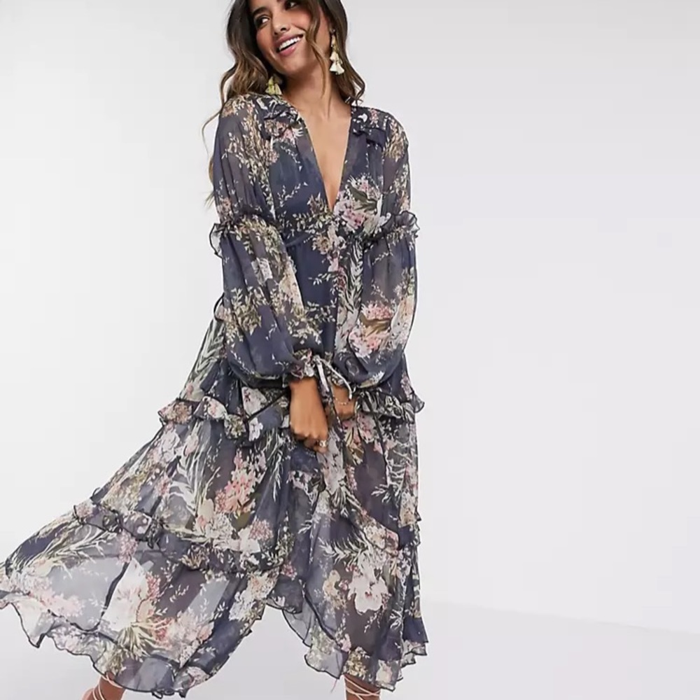 ASOS DESIGN layered tiered midi dress in navy floral print w lace trim, size 2